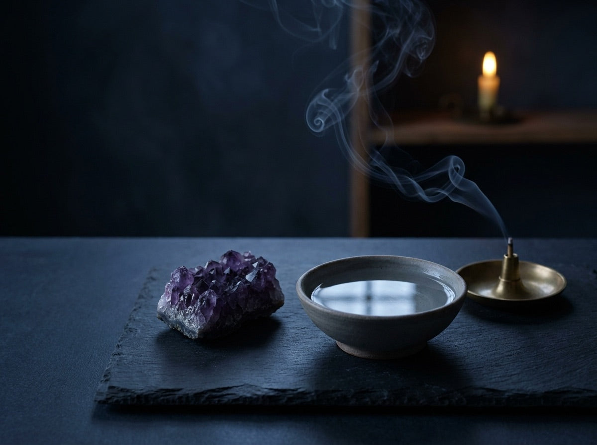Abendritual — Amethyst, Wasserschale und Räucherwerk im Mondlicht